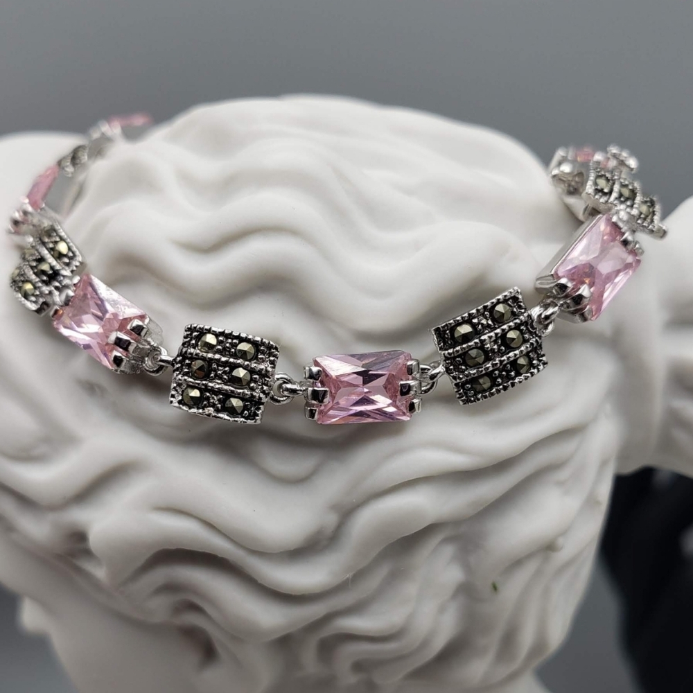 Sterling Silver Marcite w/ Pink Cushion Cut Crystals .925 NEW Barbiecore Pink